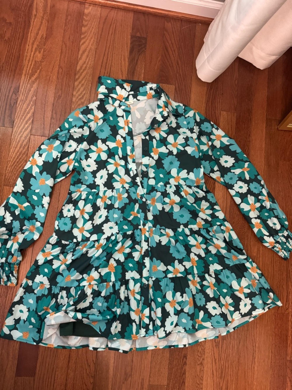JODIFL Teal and White Floral Button-Front Dress with Orange Accents